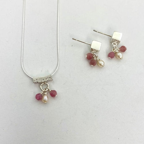 Elegant Cube Studs with mini pearls and pink tourmalines