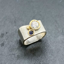 Load image into Gallery viewer, Blue Sapphire and CZ Diamond Bezel Ring Size 8