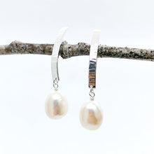 Load image into Gallery viewer, Hammered Silver Birch Stick with Baroque Pearl Drop Earrings