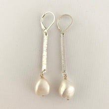 Load image into Gallery viewer, Hammered Silver Birch Stick with Baroque Pearl Drop Earrings