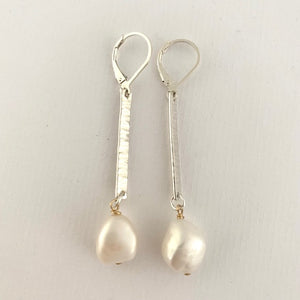 Hammered Silver Birch Stick with Baroque Pearl Drop Earrings