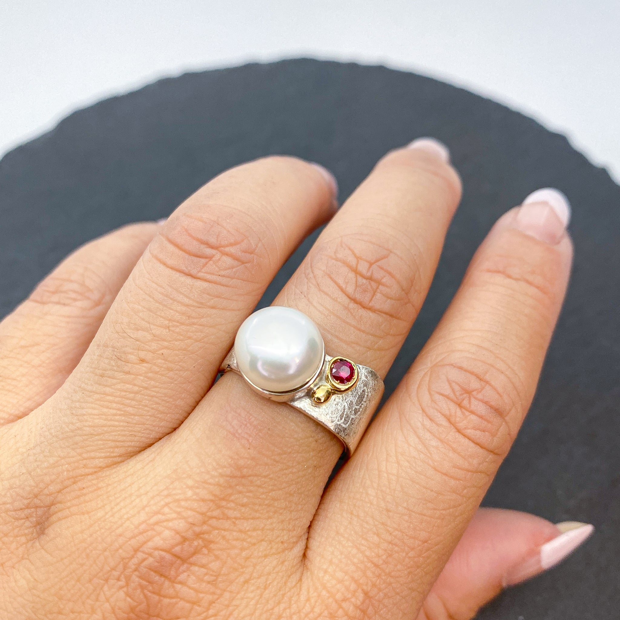 white pearl, pearl ring panchdhatu ring, natural pearl, hyderabad pearl,  chandramani, moti rings, south sea moti, round pearl – CLARA