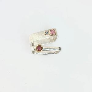 Medium Square Stacking Ring with 18kt set Pink Tourmaline & Blue Topaz