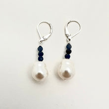 Load image into Gallery viewer, Pair of white pearl earrings with sapphire beads 