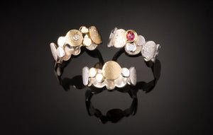 Silver Gold Pebble Scribbled Ring with diamond & stones