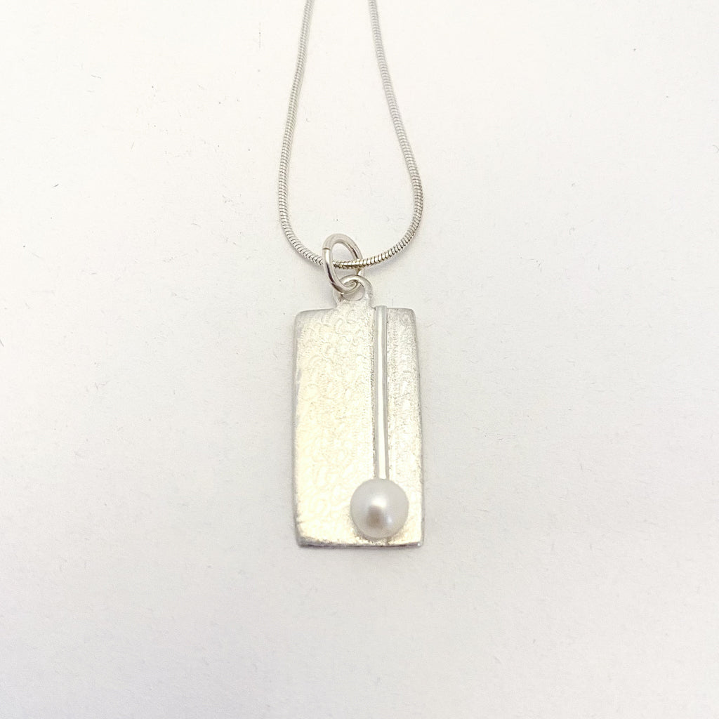 Scribble Silver and Pearl Rectangle Necklace
