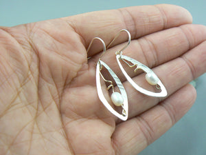 Hammered Open Leaf Pearl Earrings