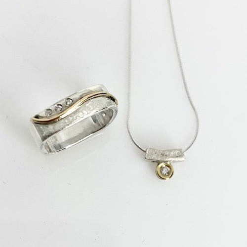 Wave Stacking Ring with Diamonds & necklace