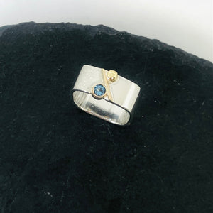 Unique Large Square Stacking Silver & Gold Blue Topaz Ring