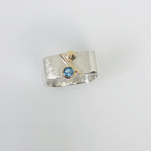 Unique Large Square Stacking Silver & Gold Blue Topaz Ring