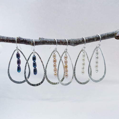 Hammered Open Leaf Pearl Dangle Earrings