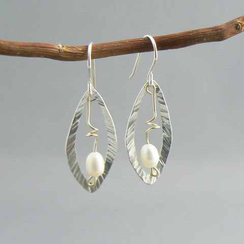Hammered Open Leaf Pearl Earrings