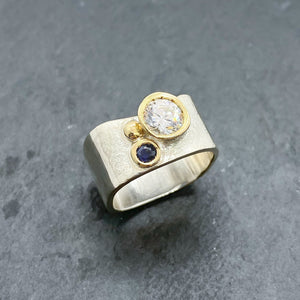 Blue Sapphire and CZ Diamond Bezel Ring Size 8