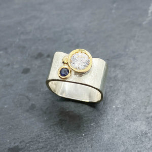 Blue Sapphire and CZ Diamond Bezel Ring Size 8