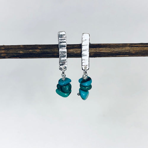 Hammered Silver Birch Bark Turquoise Stud Earrings