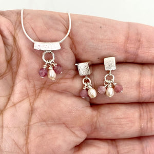 Elegant Cube Studs with mini pearls and pink tourmalines