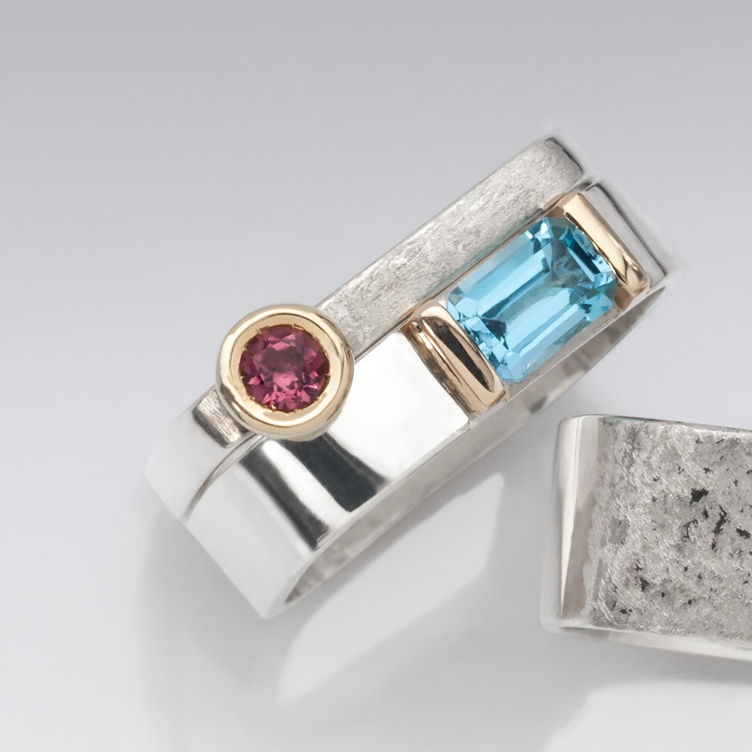 Skinny Square Stacking Ring with 18kt & Pink Tourmaline