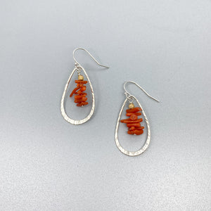 Hammered Open Leaf with Orange Coral Earrings