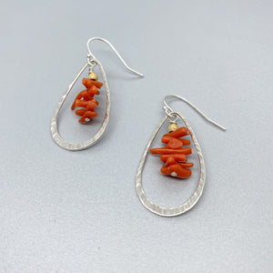 Hammered Open Leaf with Orange Coral Earrings
